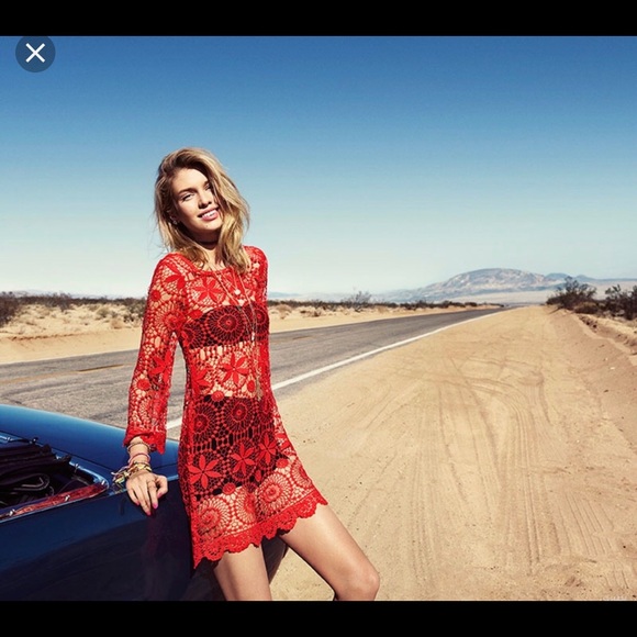 H&M coachella orange sheer crochet tunic cover up - Picture 2 of 3